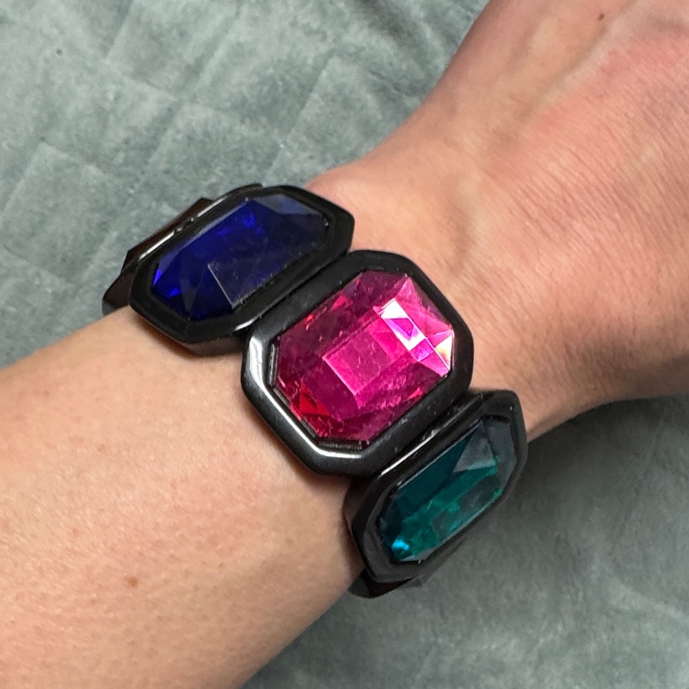 Vintage Stretch Bracelet, Colorful Gemstones, Black, Retro, Boho